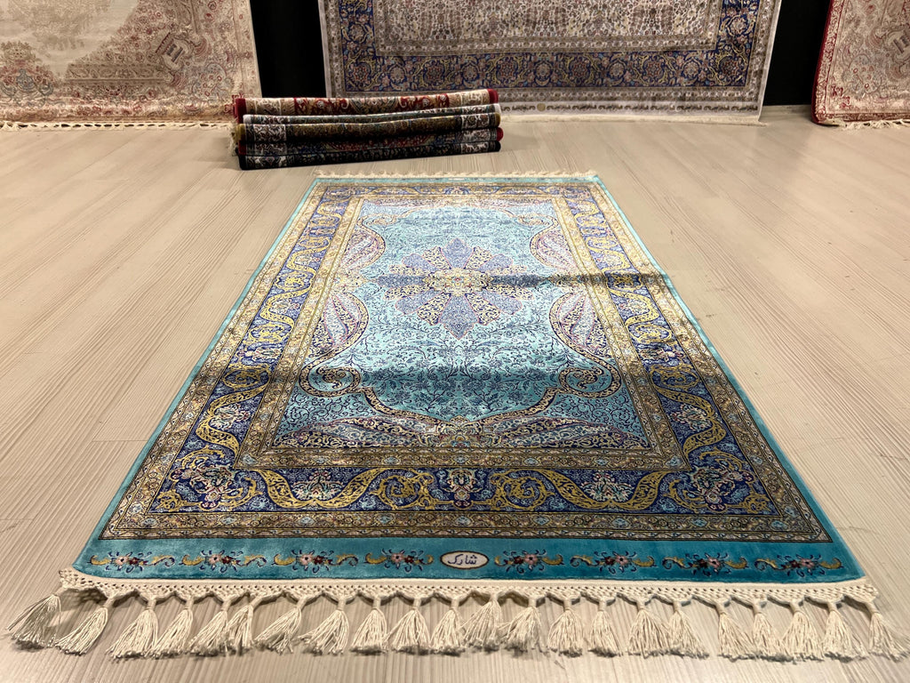 3x5 Turquoise Runner Rug,  Modal Silk Turkish Hallway Rug, Floral Medallion Patternd Home Decor