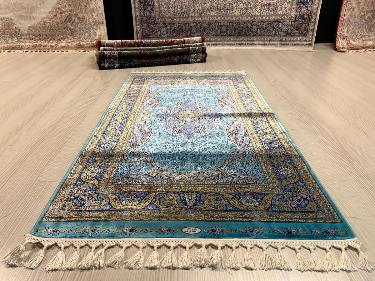 3x5 Turquoise Runner Rug,  Modal Silk Turkish Hallway Rug, Floral Medallion Patternd Home Decor