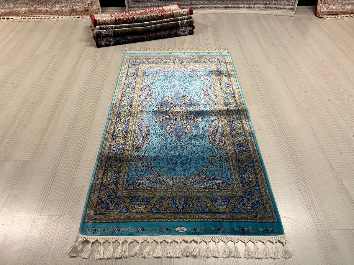 3x5 Turquoise Runner Rug,  Modal Silk Turkish Hallway Rug, Floral Medallion Patternd Home Decor