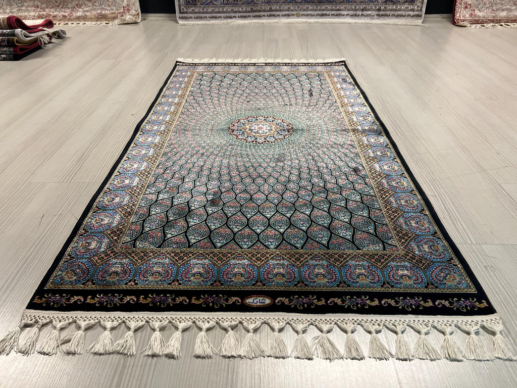 3x5 ft Blue Black Modal Silk Runner, Peacock Feather Design, Turkish Style Hallway Rug