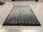 3x5 ft Blue Black Modal Silk Runner, Peacock Feather Design, Turkish Style Hallway Rug