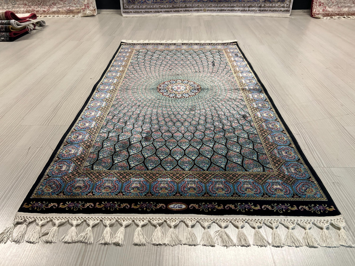 3x5 ft Blue Black Modal Silk Runner, Peacock Feather Design, Turkish Style Hallway Rug
