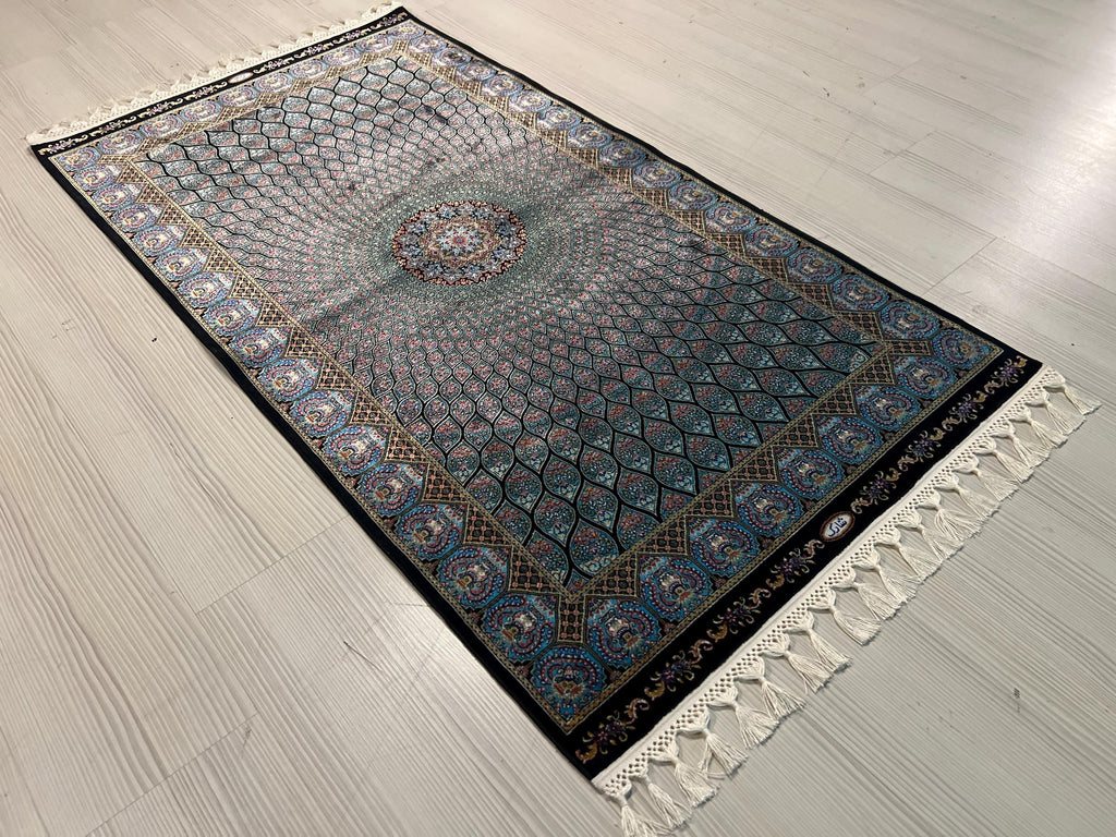 3x5 ft Blue Black Modal Silk Runner, Peacock Feather Design, Turkish Style Hallway Rug