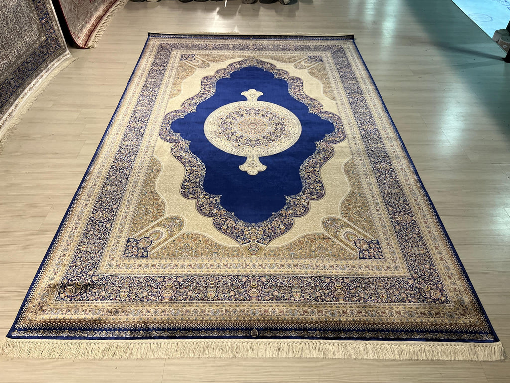 7x10 ft Blue Cream Modal Silk Medallion Rug, Traditional Living Room Carpet