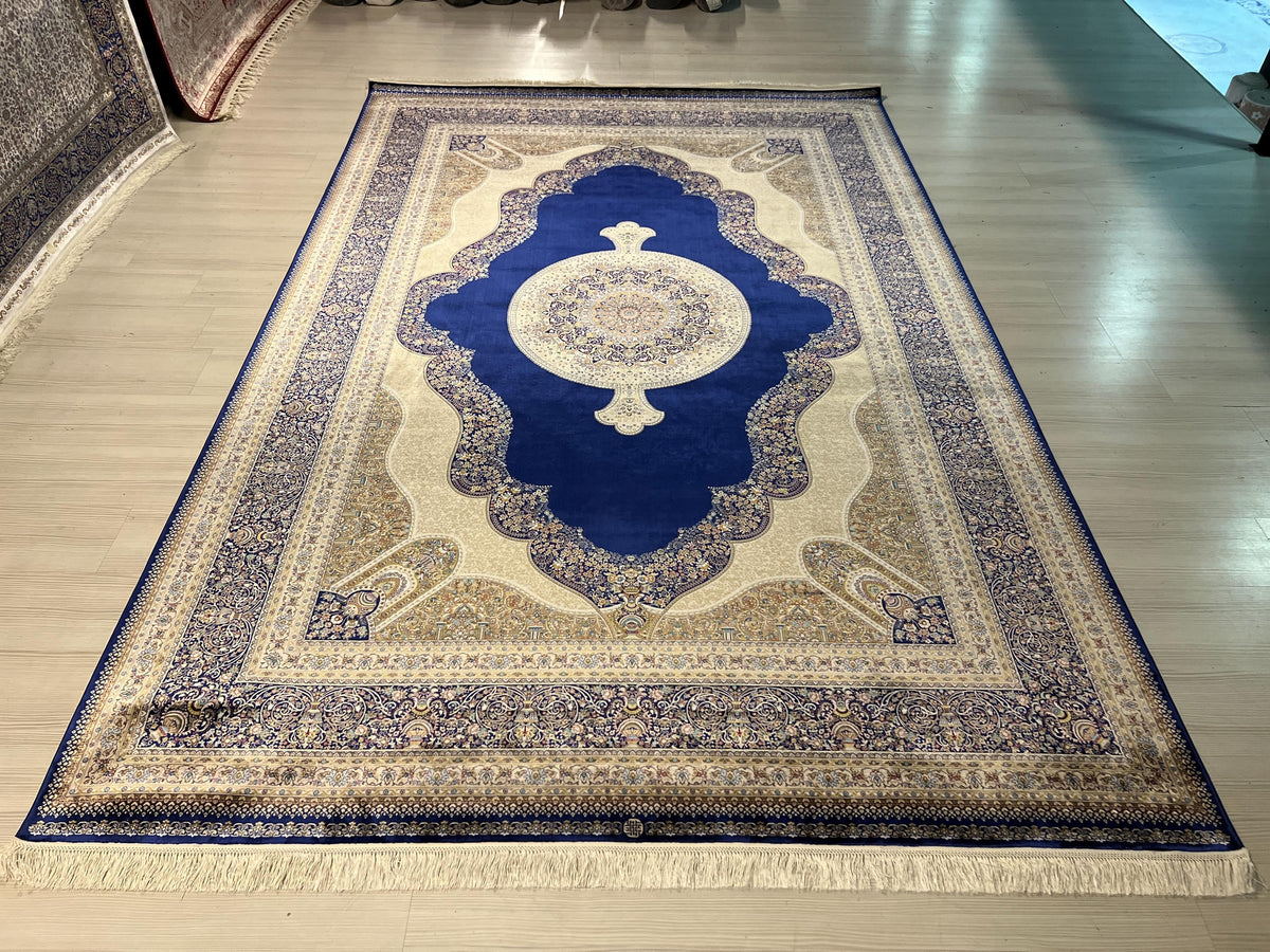 7x10 ft Blue Cream Modal Silk Medallion Rug, Traditional Living Room Carpet