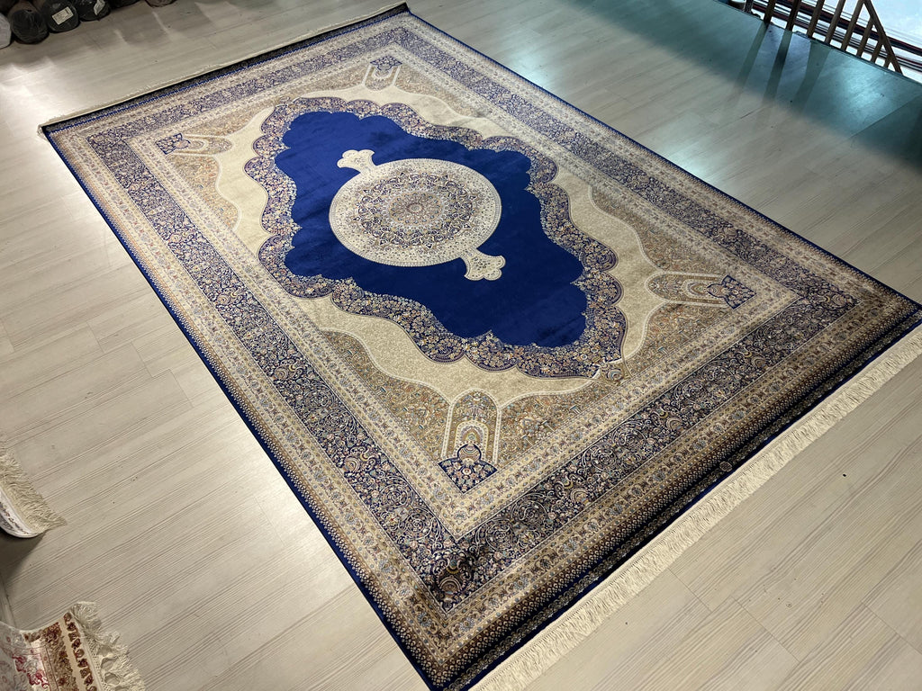 7x10 ft Blue Cream Modal Silk Medallion Rug, Traditional Living Room Carpet