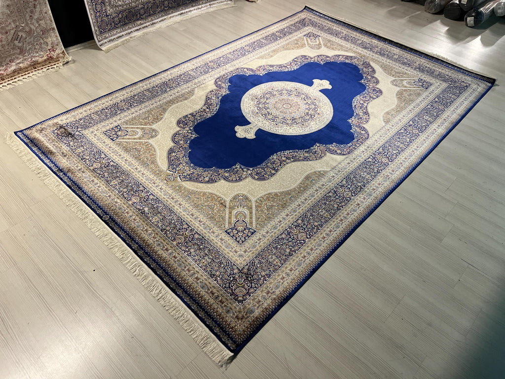7x10 ft Blue Cream Modal Silk Medallion Rug, Traditional Living Room Carpet