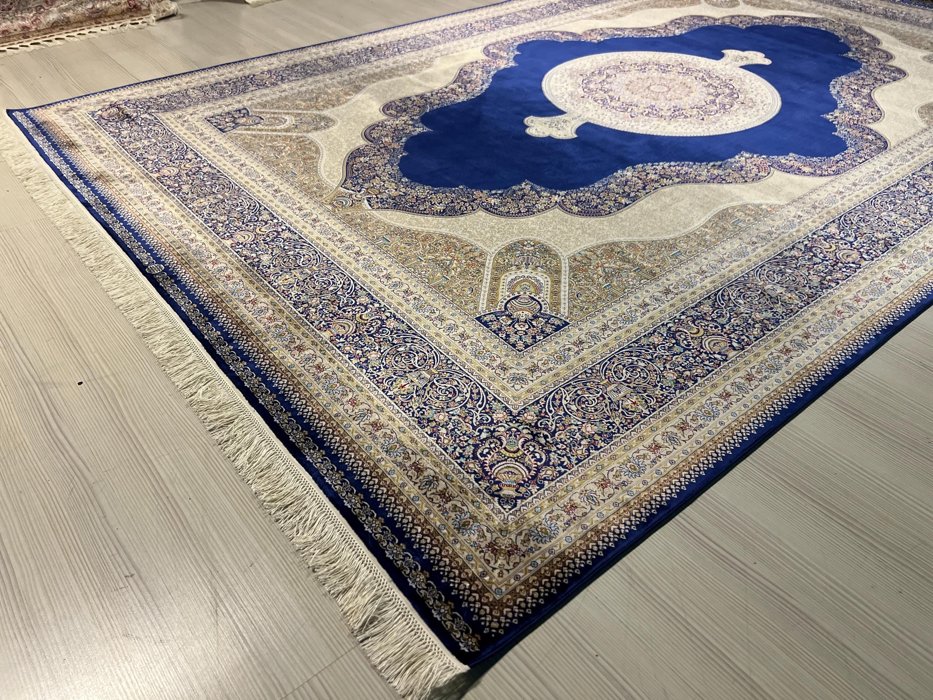 7x10 ft Blue Cream Modal Silk Medallion Rug, Traditional Living Room Carpet