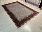 7x10 Modal Silk Turkish Rug, Cream Field with Red Border Classic Oriental Area Rug