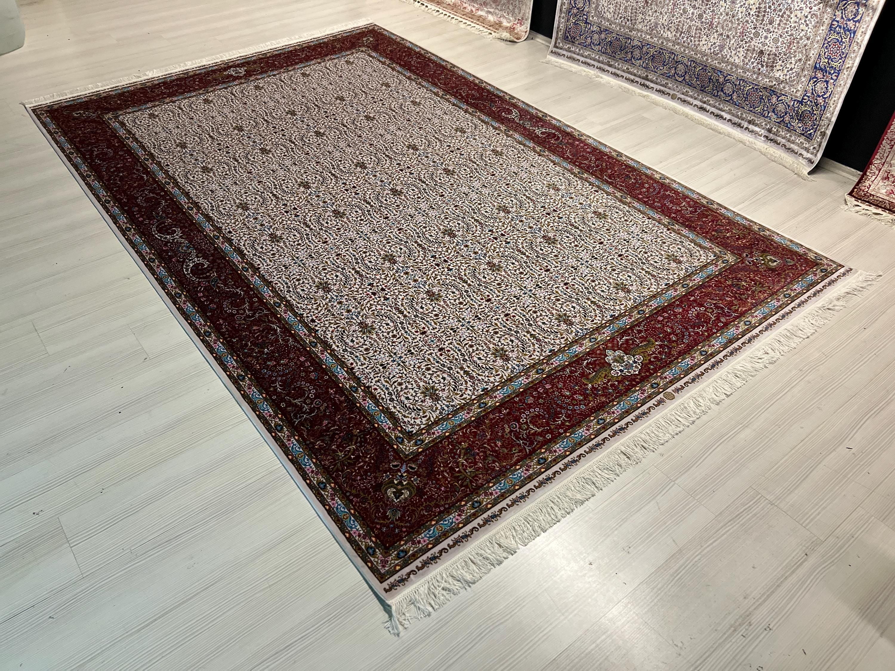 7x10 Modal Silk Turkish Rug, Cream Field with Red Border Classic Oriental Area Rug