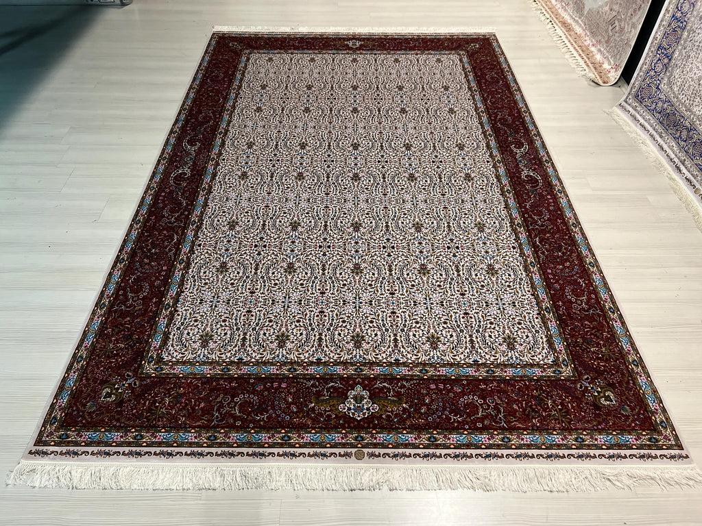 7x10 Modal Silk Turkish Rug, Cream Field with Red Border Classic Oriental Area Rug