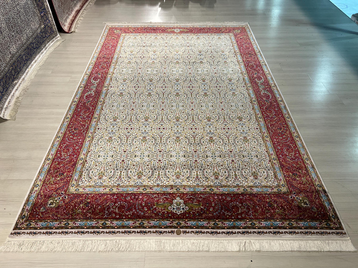 7x10 Modal Silk Turkish Rug, Cream Field with Red Border Classic Oriental Area Rug