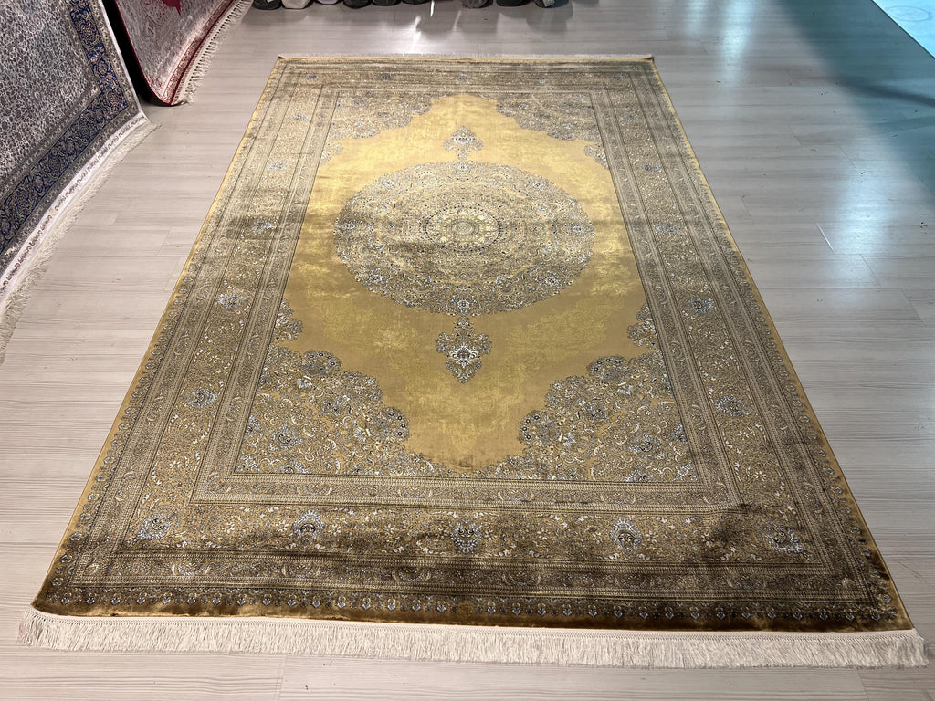 7x10 ft Gold Traditional Silk Rug, Turkish Living Room Carpet