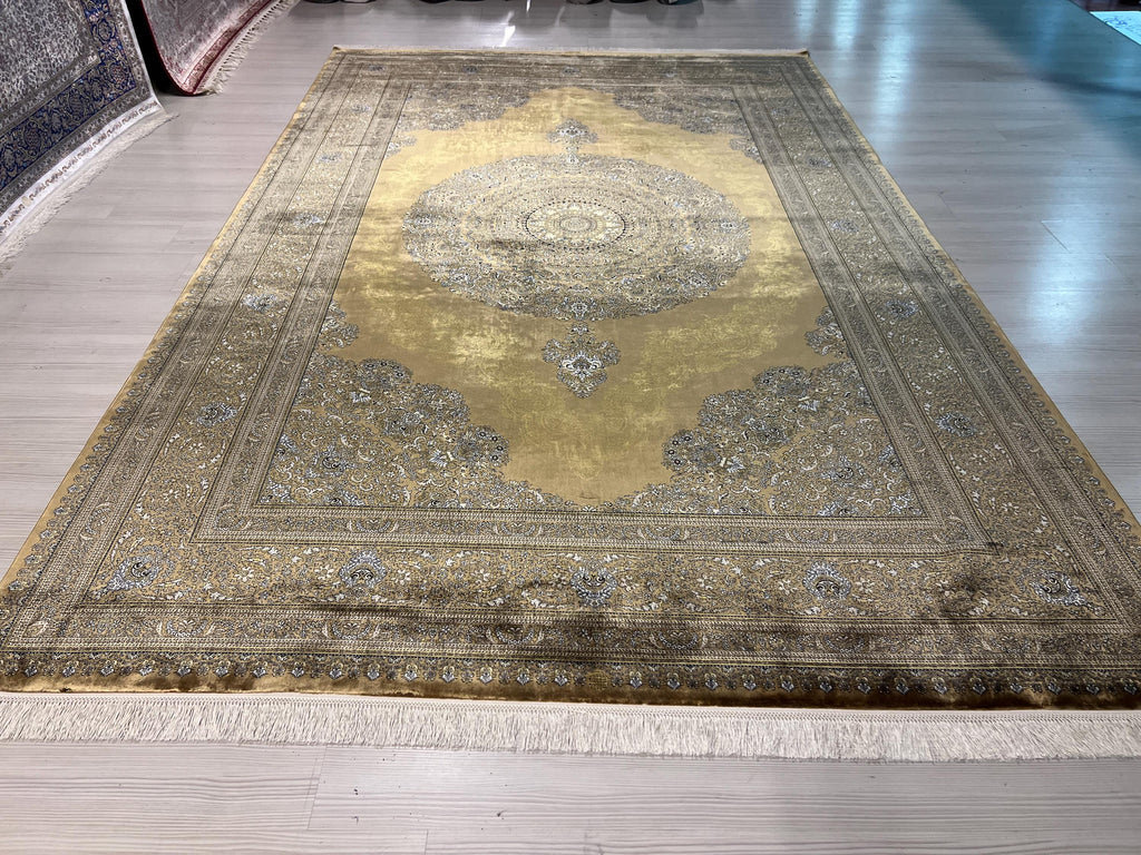 7x10 ft Gold Traditional Silk Rug, Turkish Living Room Carpet
