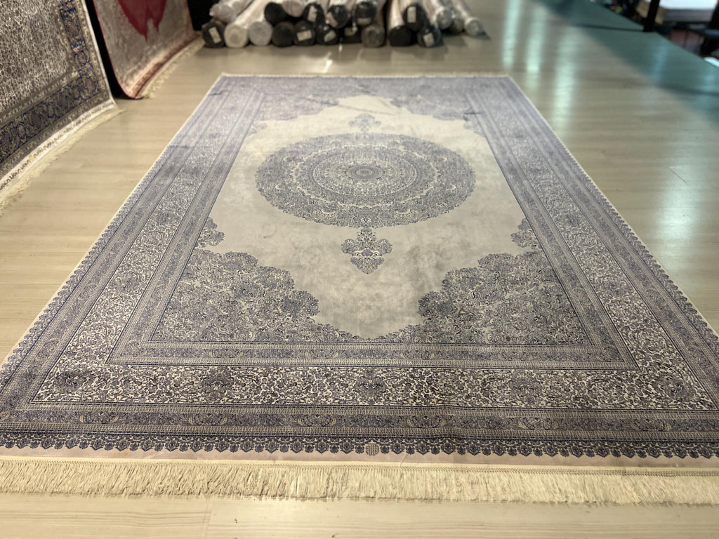 7x10 ft Gray Silk Rug, Blue Medallion Design, Elegant Turkish Area Rug