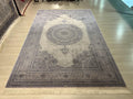 7x10 ft Gray Silk Rug, Blue Medallion Design, Elegant Turkish Area Rug
