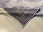7x10 ft Gray Silk Rug, Blue Medallion Design, Elegant Turkish Area Rug