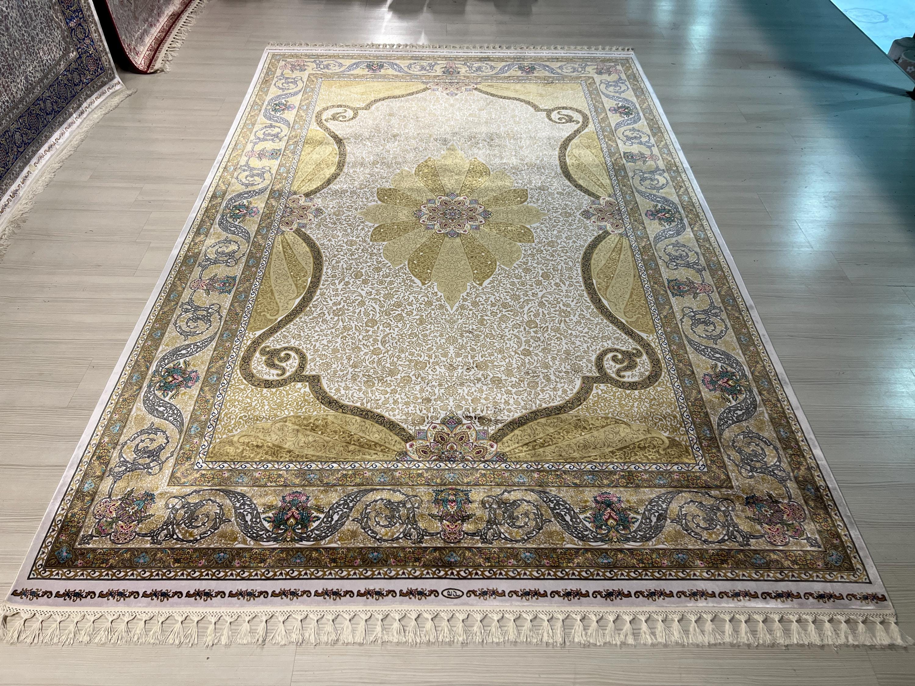 7x10 ft Gold Beige Medallion Silk Rug, Turkish Style Traditional Carpet