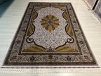 7x10 ft Gold Beige Medallion Silk Rug, Turkish Style Traditional Carpet