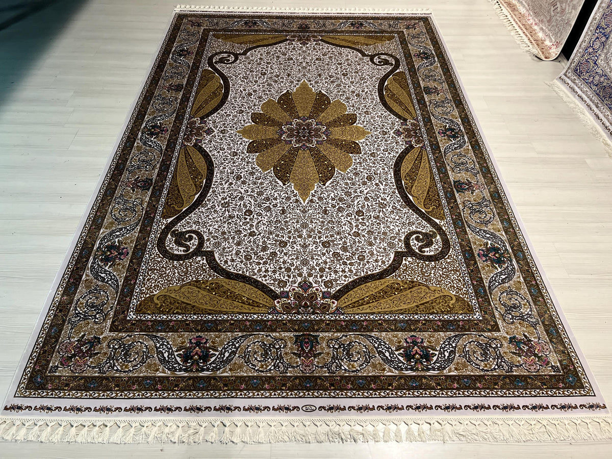 7x10 ft Gold Beige Medallion Silk Rug, Turkish Style Traditional Carpet