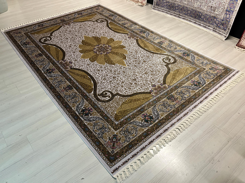 7x10 ft Gold Beige Medallion Silk Rug, Turkish Style Traditional Carpet
