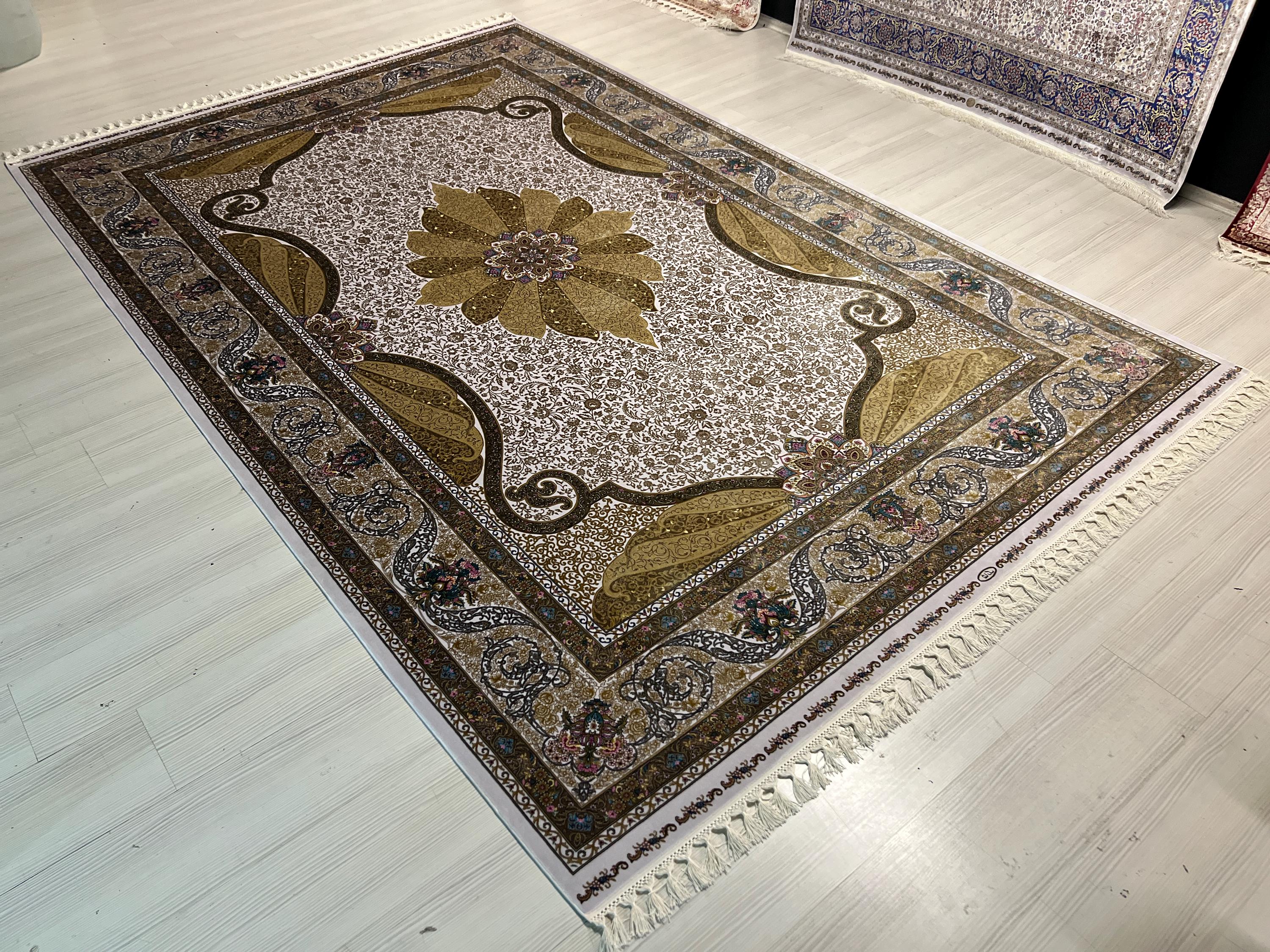 7x10 ft Gold Beige Medallion Silk Rug, Turkish Style Traditional Carpet