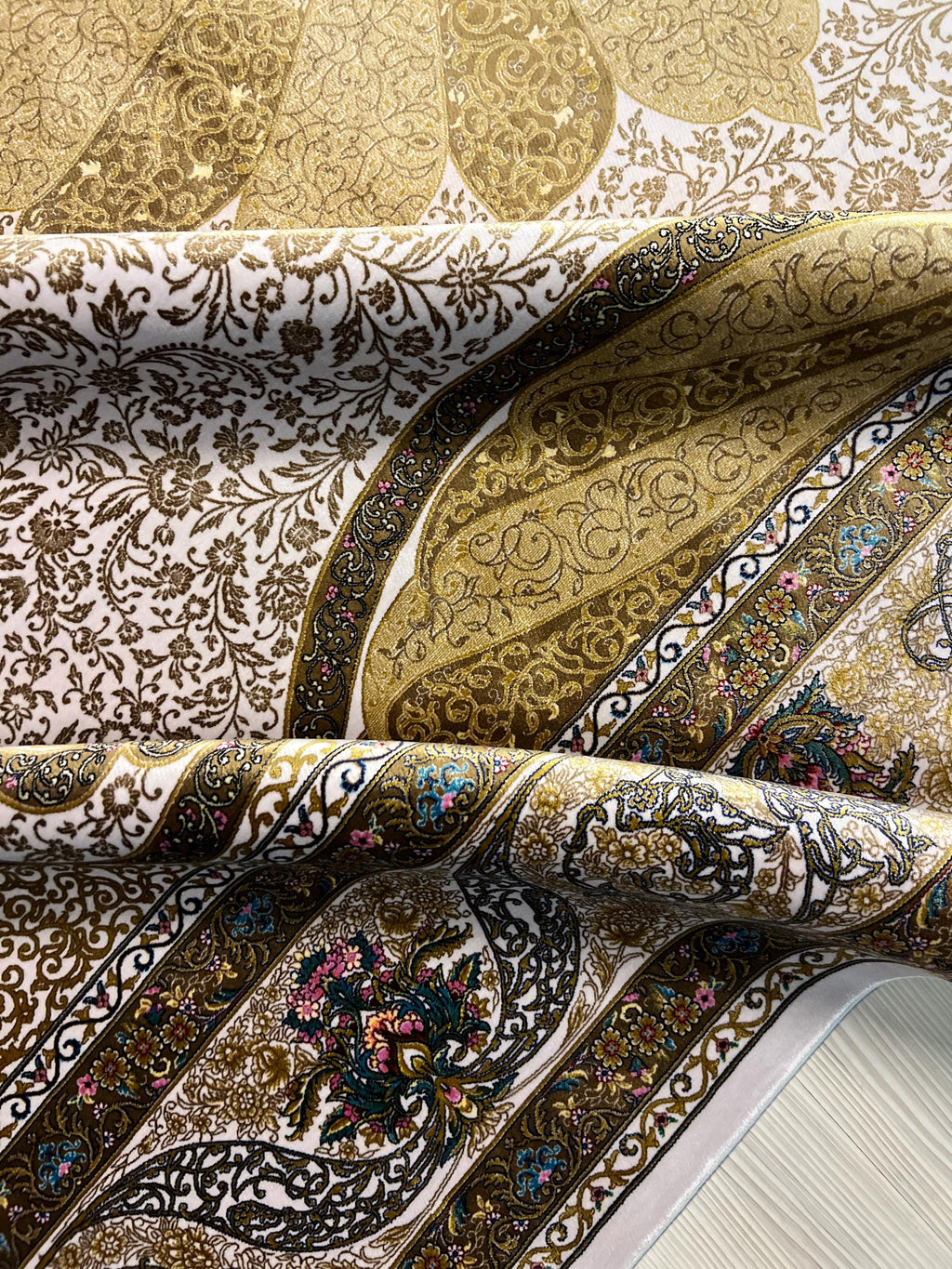7x10 ft Gold Beige Medallion Silk Rug, Turkish Style Traditional Carpet