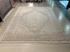 8x11 ft Large Beige Medallion Rug, Acrylic Bamboo Carpet, Living Room Decor