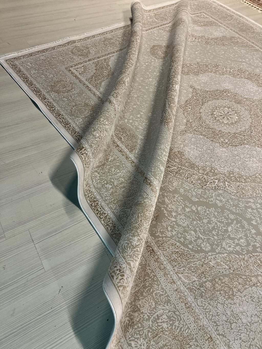 8x11 ft Large Beige Medallion Rug, Acrylic Bamboo Carpet, Living Room Decor