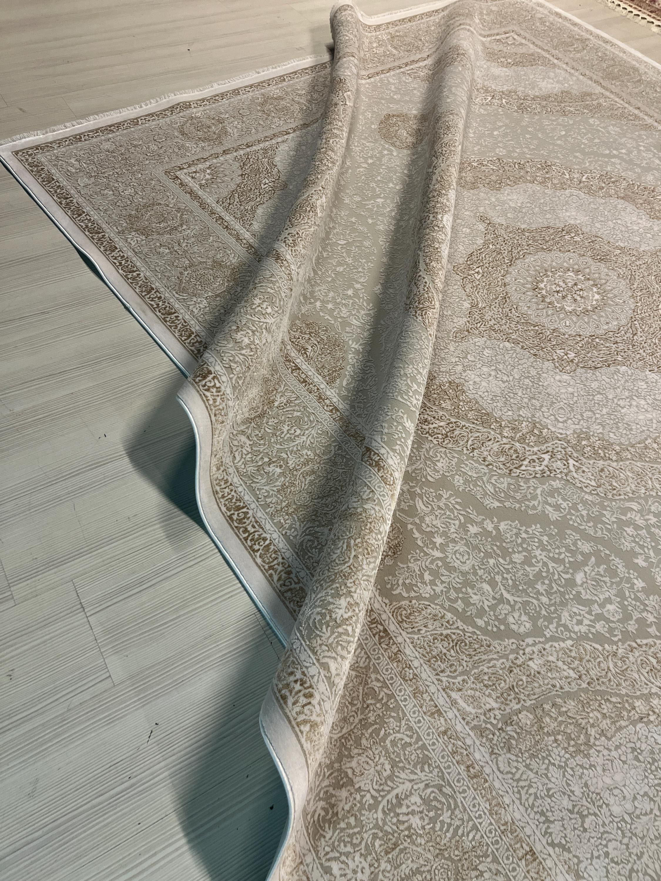 8x11 ft Large Beige Medallion Rug, Acrylic Bamboo Carpet, Living Room Decor