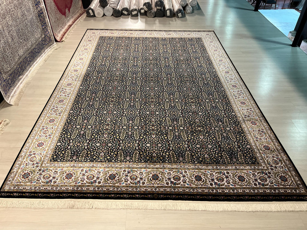 8x11 ft Black Floral Silk Rug, Luxury Turkish Style Carpet