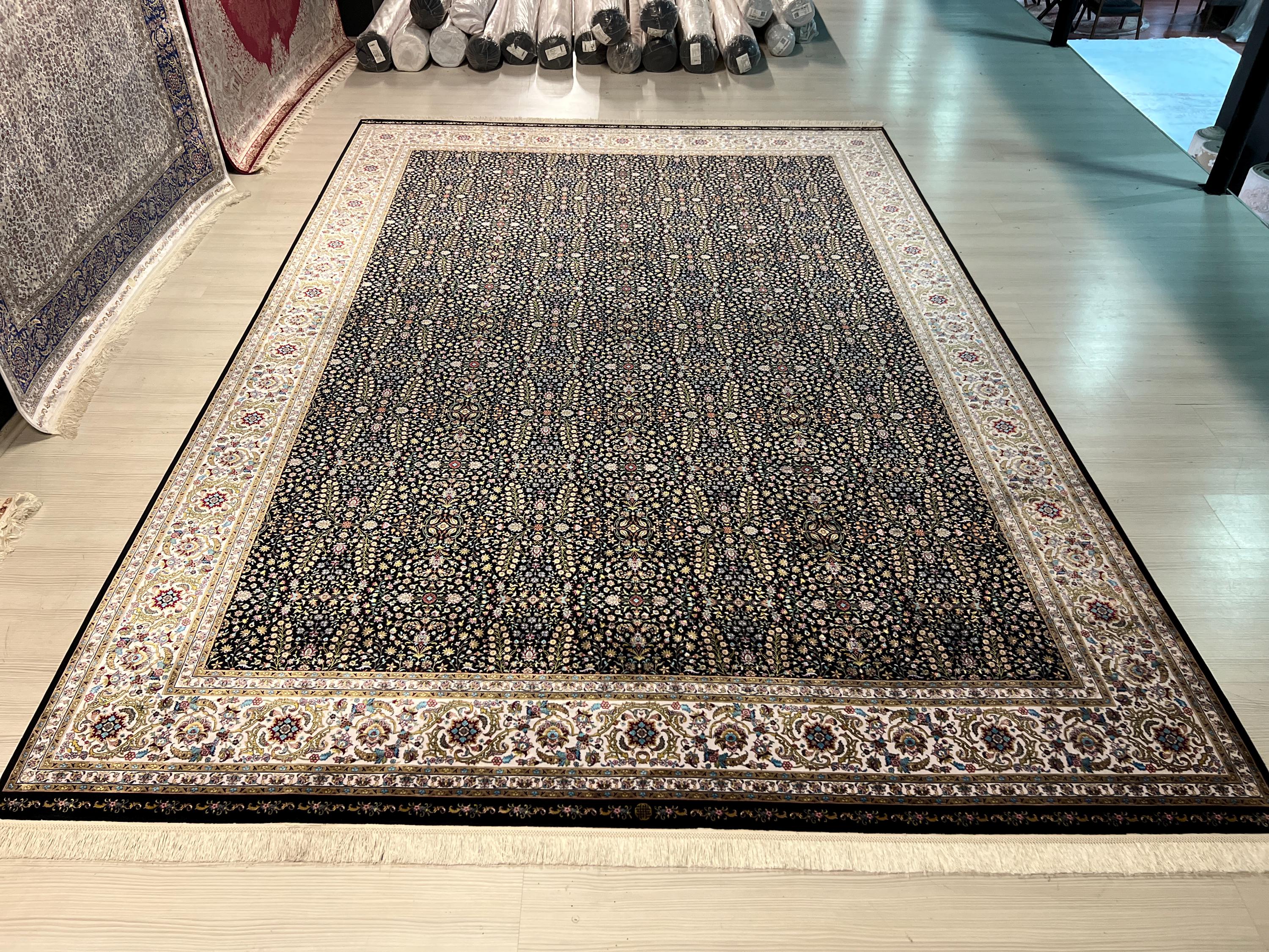 8x11 ft Black Floral Silk Rug, Luxury Turkish Style Carpet