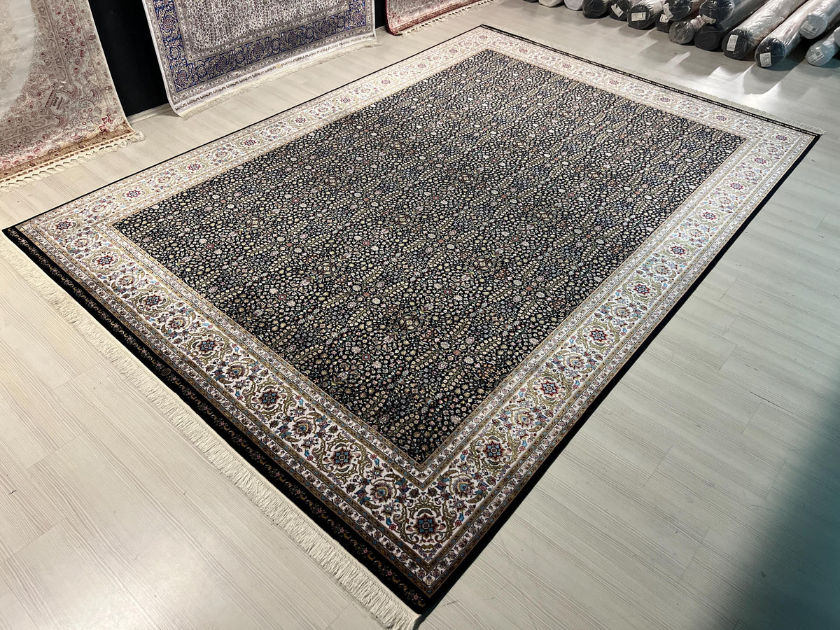 8x11 ft Black Floral Silk Rug, Luxury Turkish Style Carpet