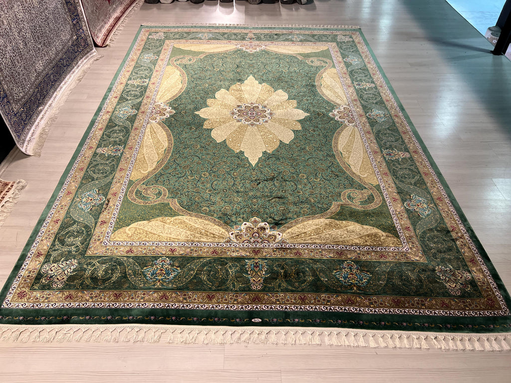 8x11 ft Green Floral Modal Silk Rug, Medallion Luxury Living Room Carpet