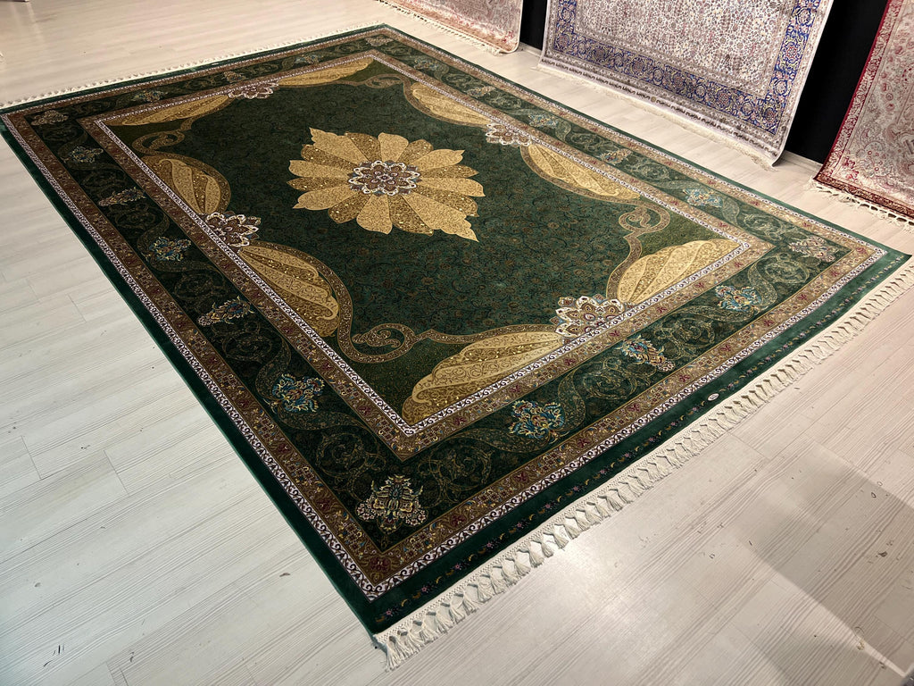8x11 ft Green Floral Modal Silk Rug, Medallion Luxury Living Room Carpet