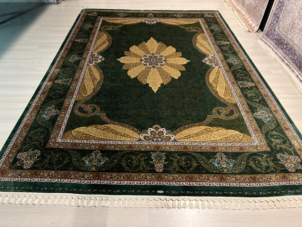8x11 ft Green Floral Modal Silk Rug, Medallion Luxury Living Room Carpet