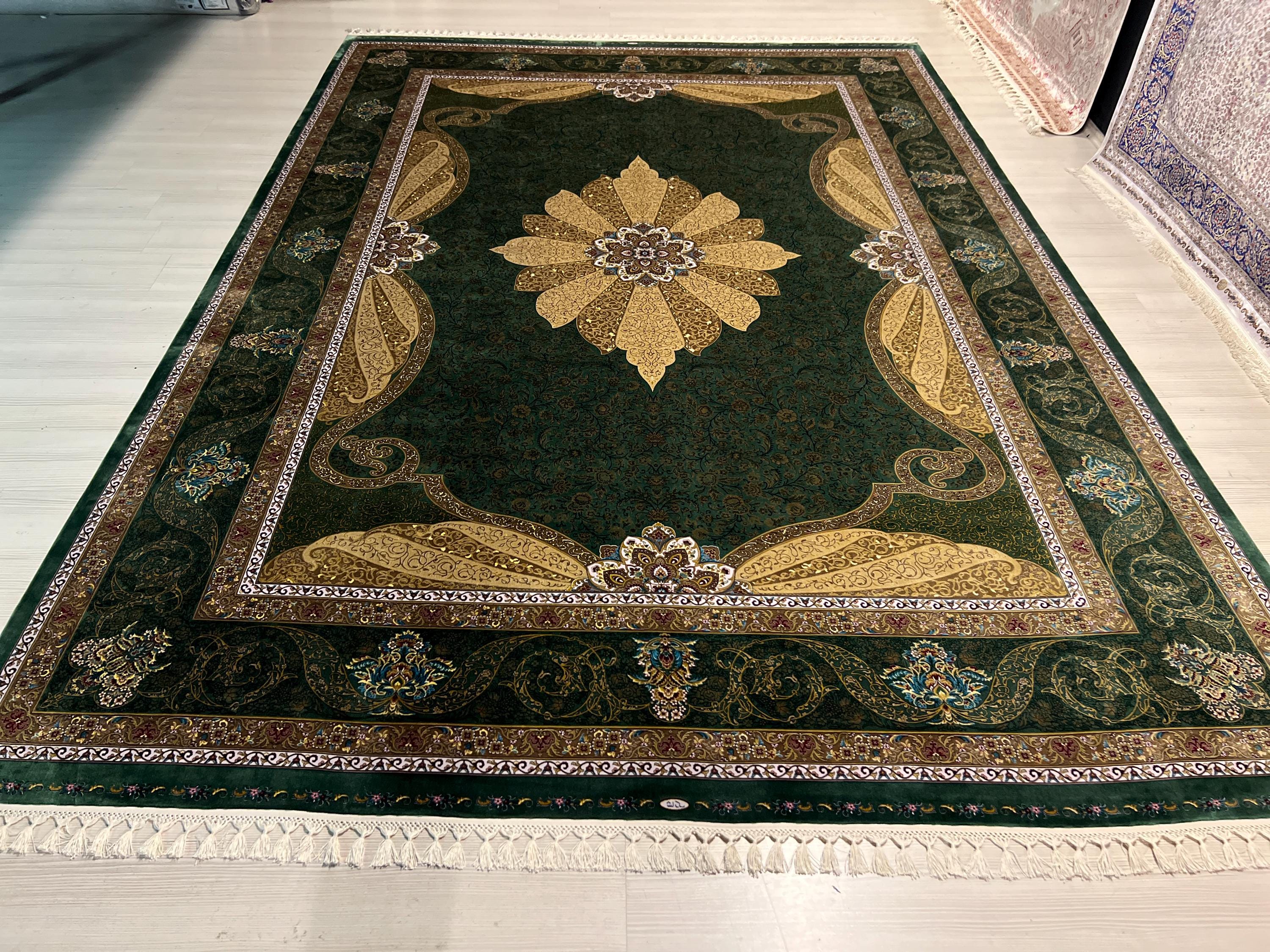 8x11 ft Green Floral Modal Silk Rug, Medallion Luxury Living Room Carpet