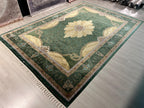 8x11 ft Green Floral Modal Silk Rug, Medallion Luxury Living Room Carpet