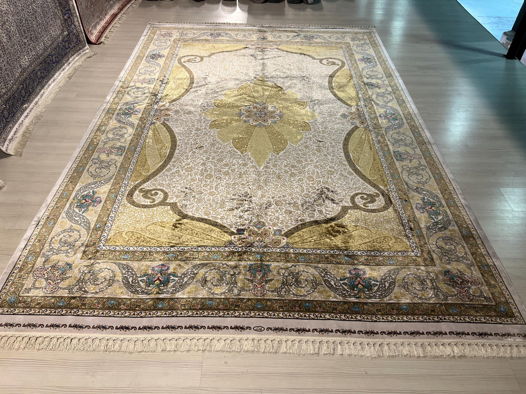 8x11 ft Gold Ivory Floral Scroll Modal Silk Rug, Turkish Living Room Carpet