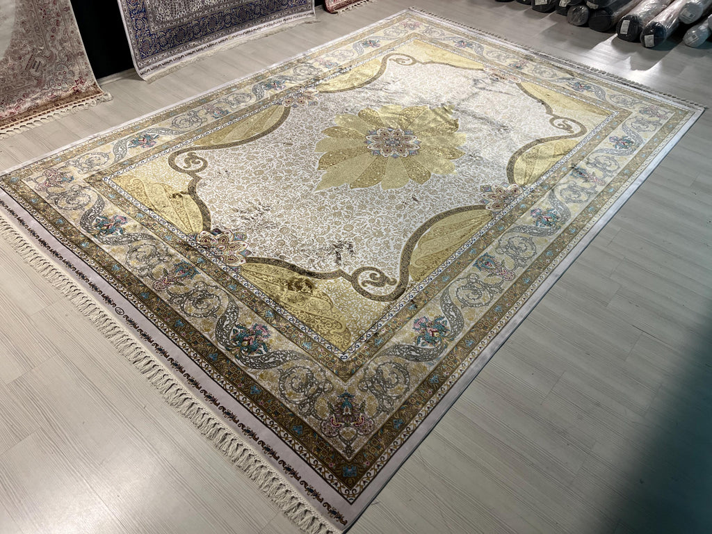 8x11 ft Gold Ivory Floral Scroll Modal Silk Rug, Turkish Living Room Carpet