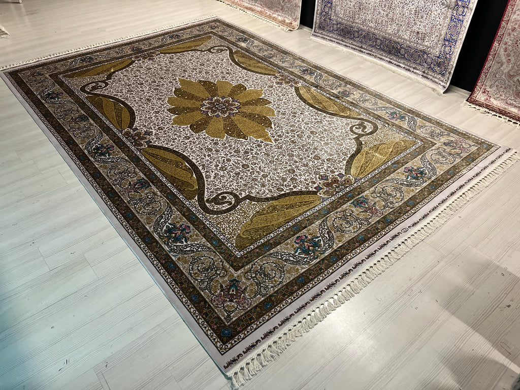 8x11 ft Gold Ivory Floral Scroll Modal Silk Rug, Turkish Living Room Carpet