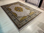 8x11 ft Gold Ivory Floral Scroll Modal Silk Rug, Turkish Living Room Carpet