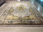 8x11 ft Gold Ivory Floral Scroll Modal Silk Rug, Turkish Living Room Carpet