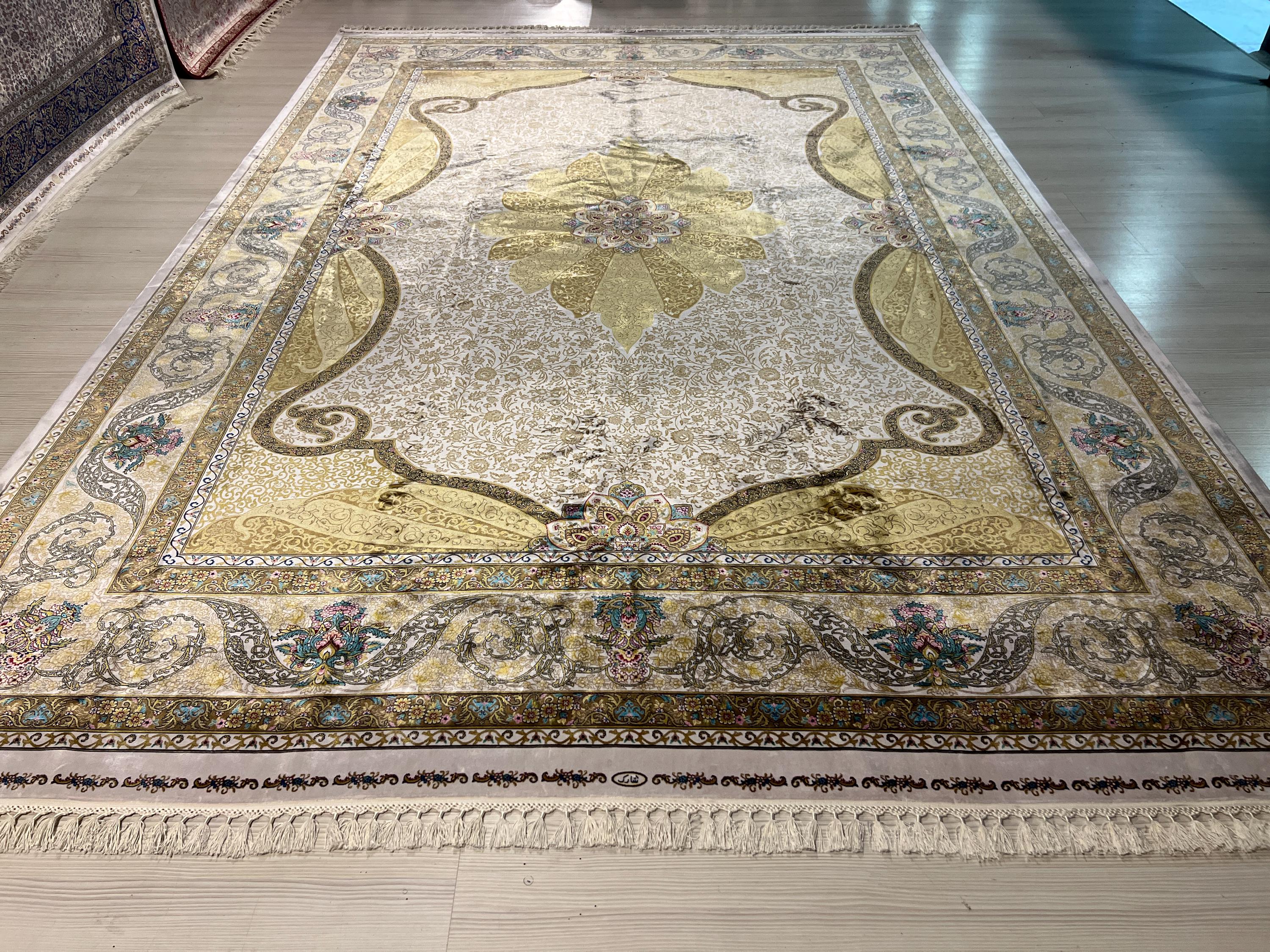 8x11 ft Gold Ivory Floral Scroll Modal Silk Rug, Turkish Living Room Carpet