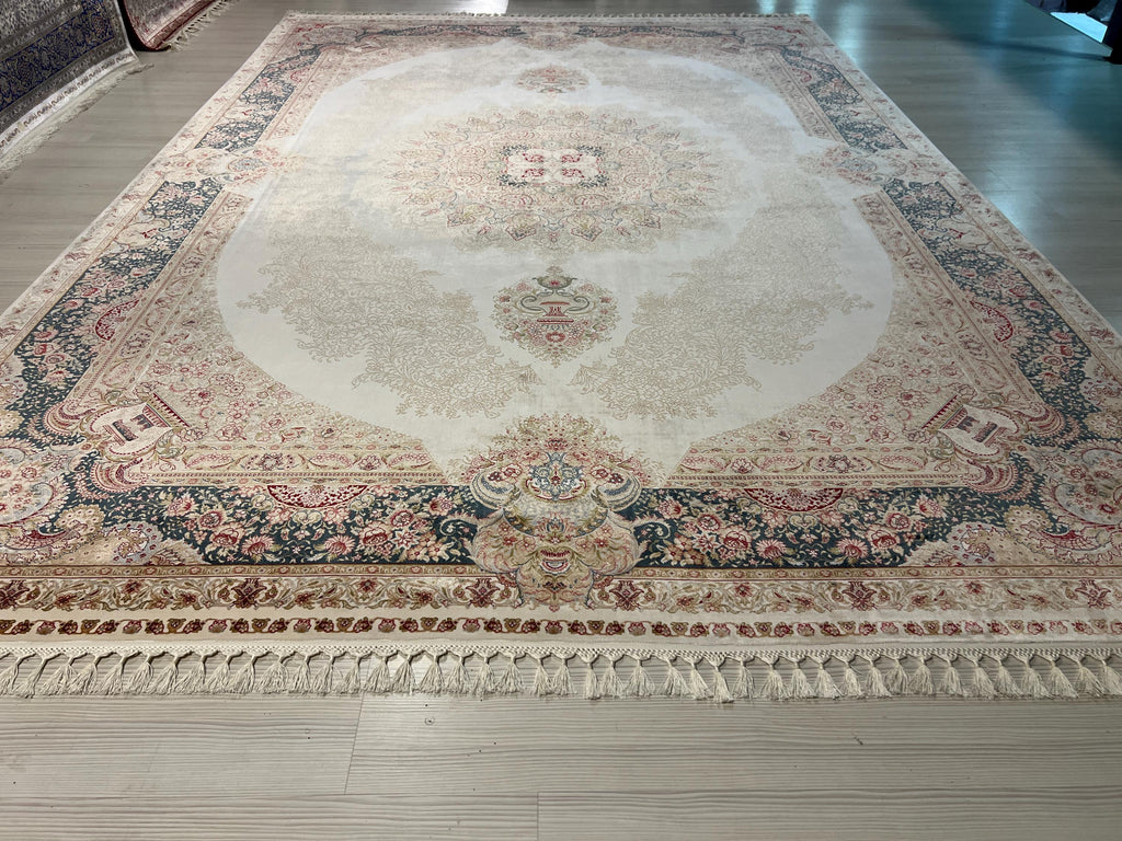 8x11 ft Silk Rug, Beige Medallion Oriental Carpet, Luxury Living Room Decor
