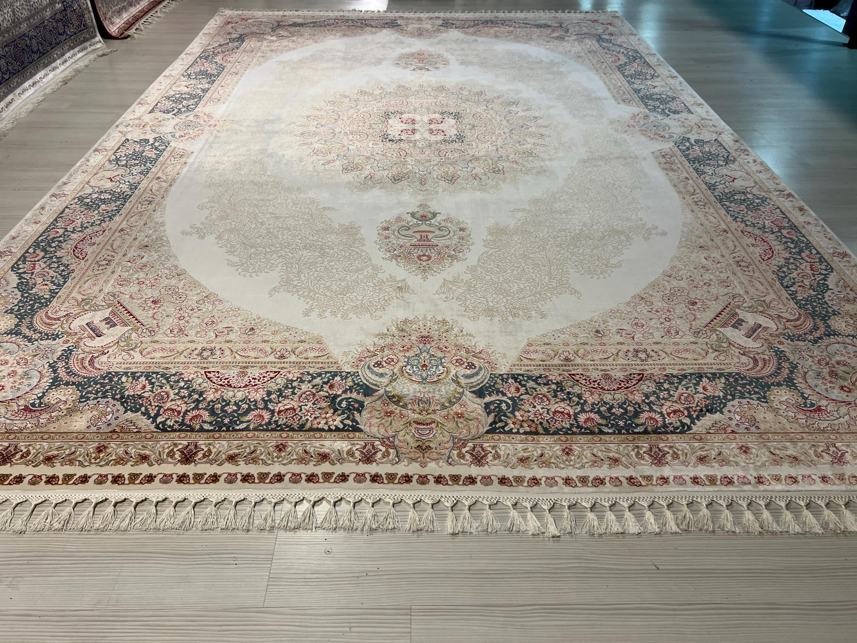 8x11 ft Silk Rug, Beige Medallion Oriental Carpet, Luxury Living Room Decor