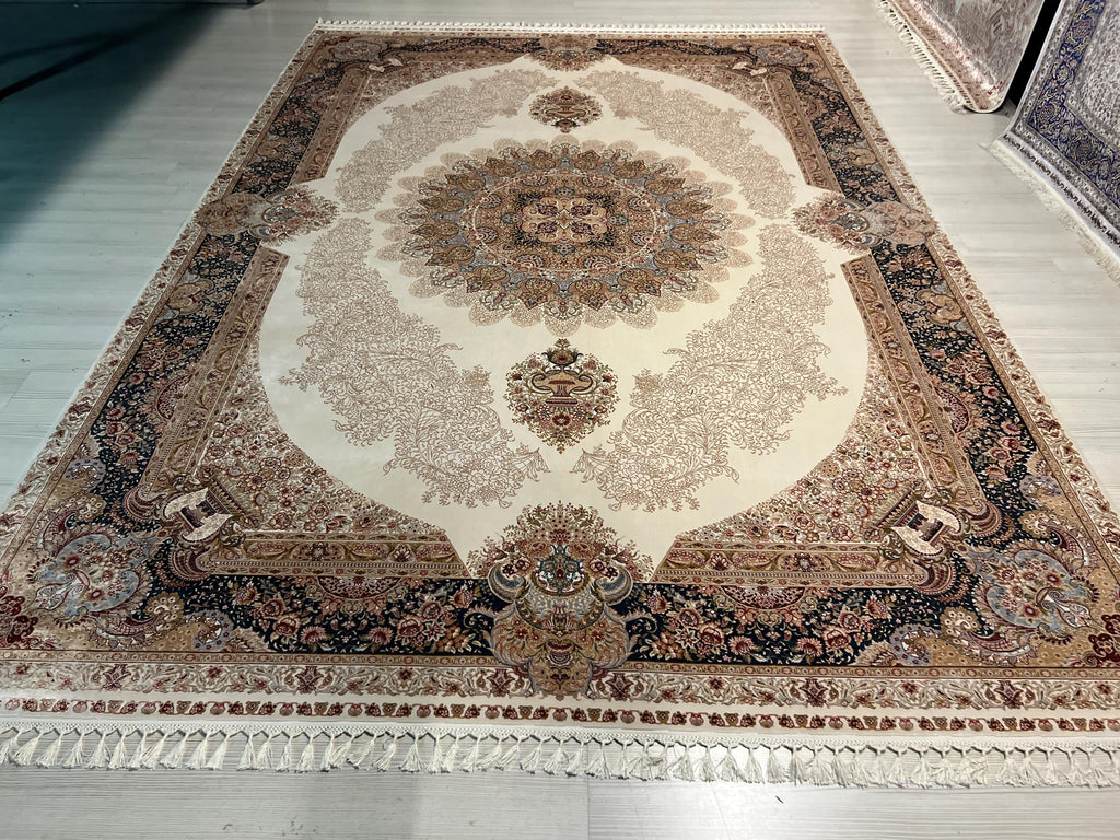 8x11 ft Silk Rug, Beige Medallion Oriental Carpet, Luxury Living Room Decor