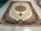 8x11 ft Silk Rug, Beige Medallion Oriental Carpet, Luxury Living Room Decor