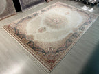 8x11 ft Silk Rug, Beige Medallion Oriental Carpet, Luxury Living Room Decor