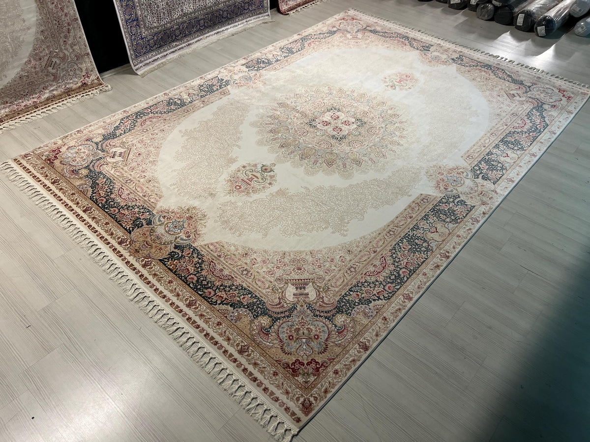 8x11 ft Silk Rug, Beige Medallion Oriental Carpet, Luxury Living Room Decor